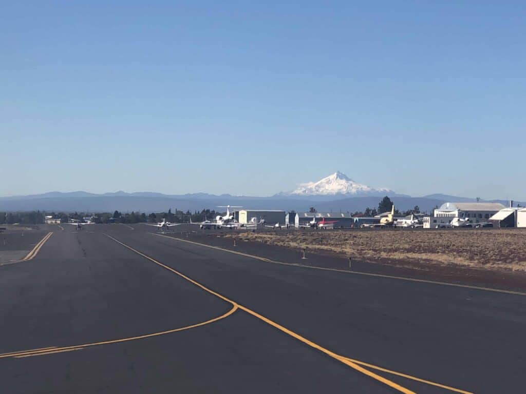 redmond airport airstrip with moutains in the background.