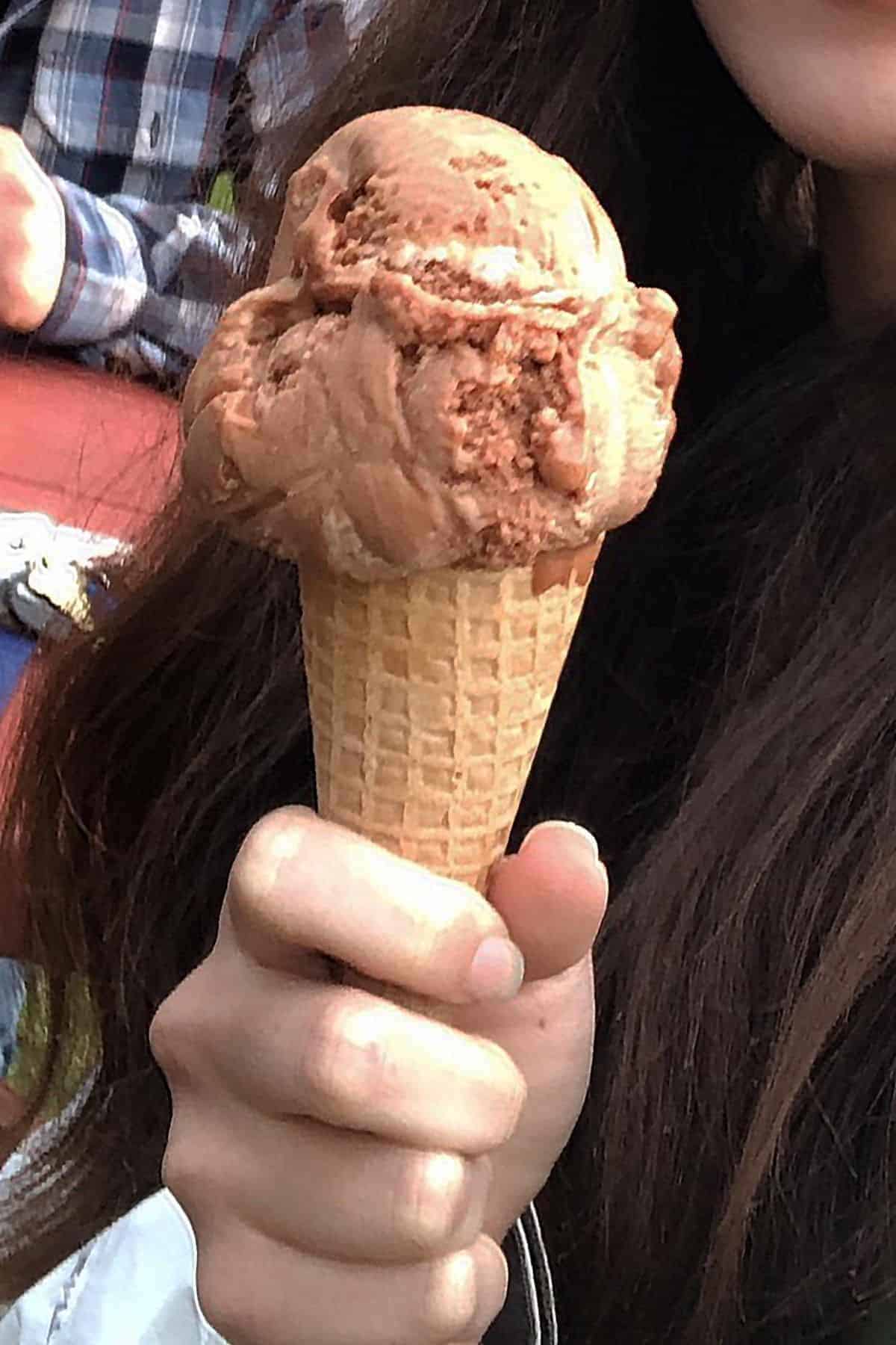 A person holding a waffle cone with two scoops of rich chocolate Salem Valley Ice Cream.