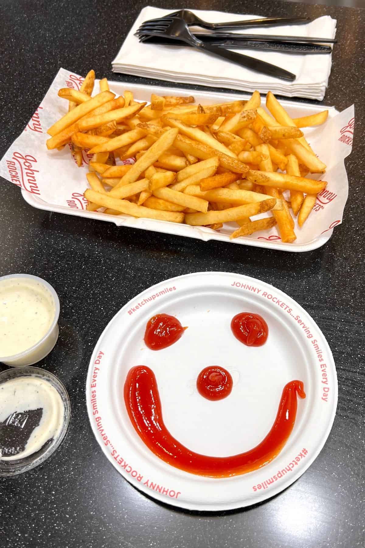 fries and ketchup smiley face at johnny rockets.