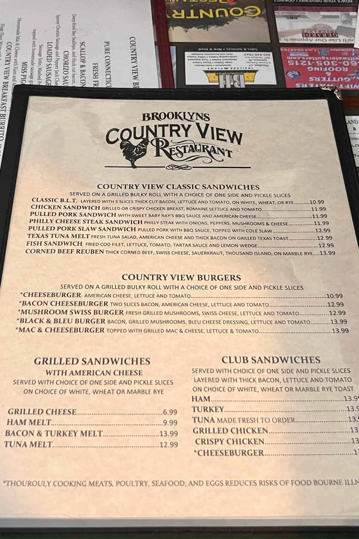 country view restaurant lunch menu.