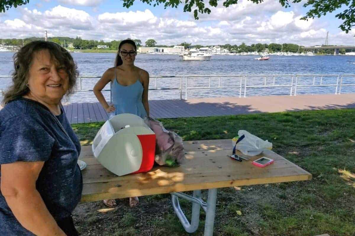 picnic table with river views in the background.
