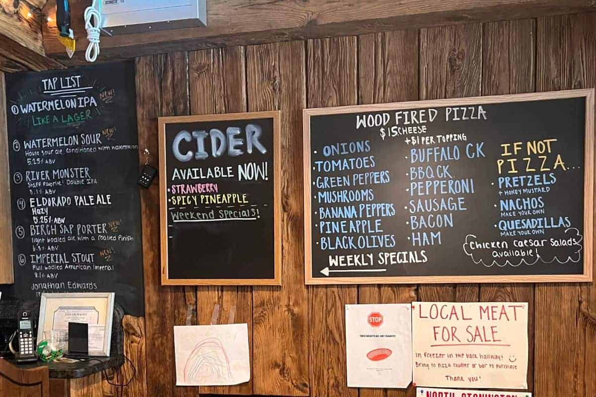 tap list, cider list, and food menu at shunock river brewery.
