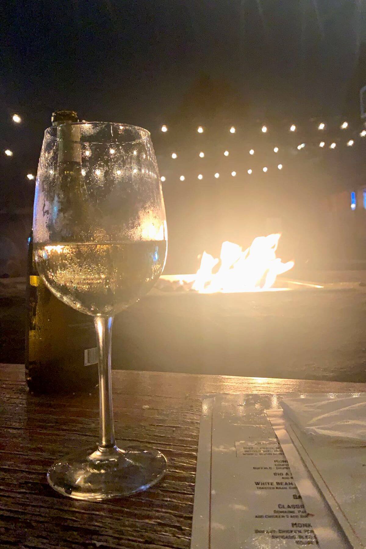 wine in front of a fire.