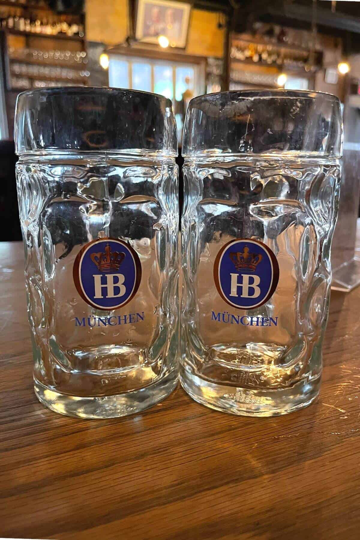 two empty beer glasses.