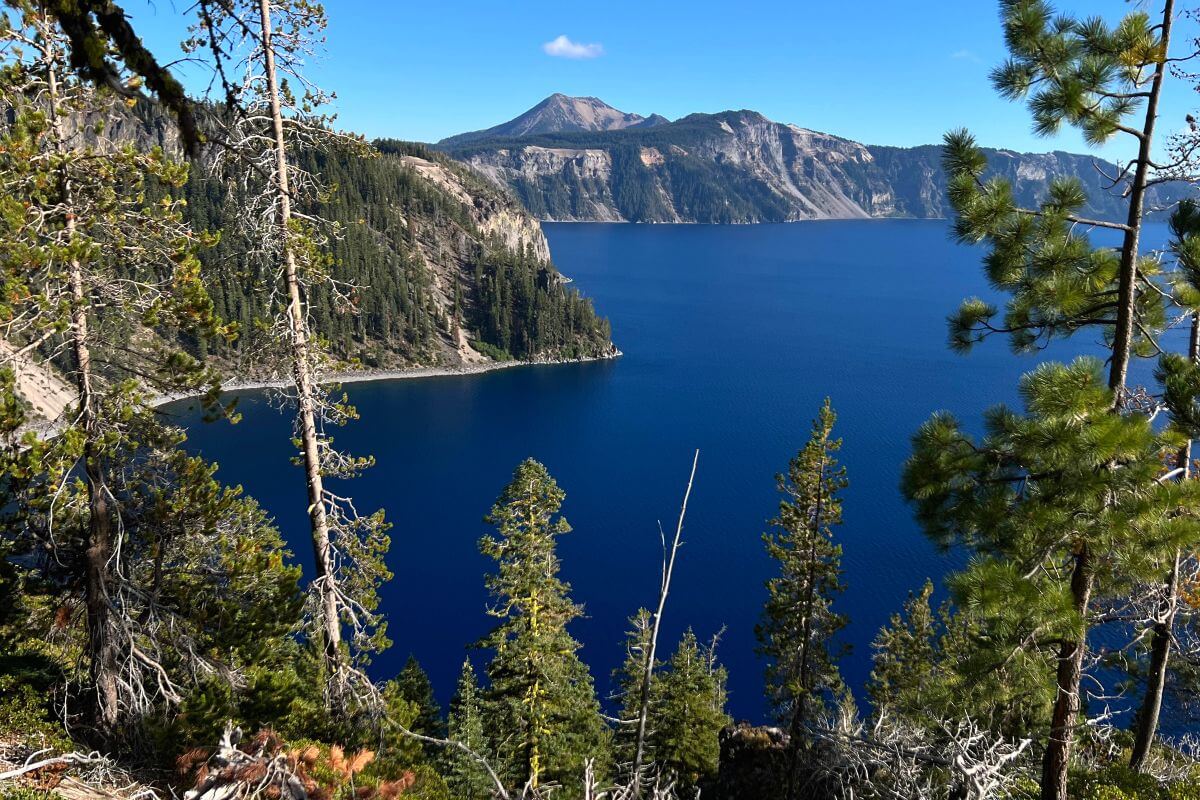 view of crater lake from cleetwood cove trail.