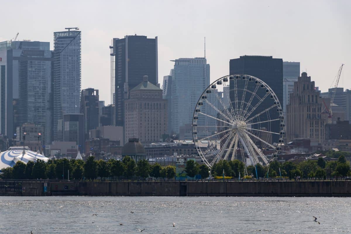 A large Ferris wheel and various high-rise buildings stand behind a row of trees along a waterfront on a cloudy day—perfect scenery for a Montreal weekend trip.