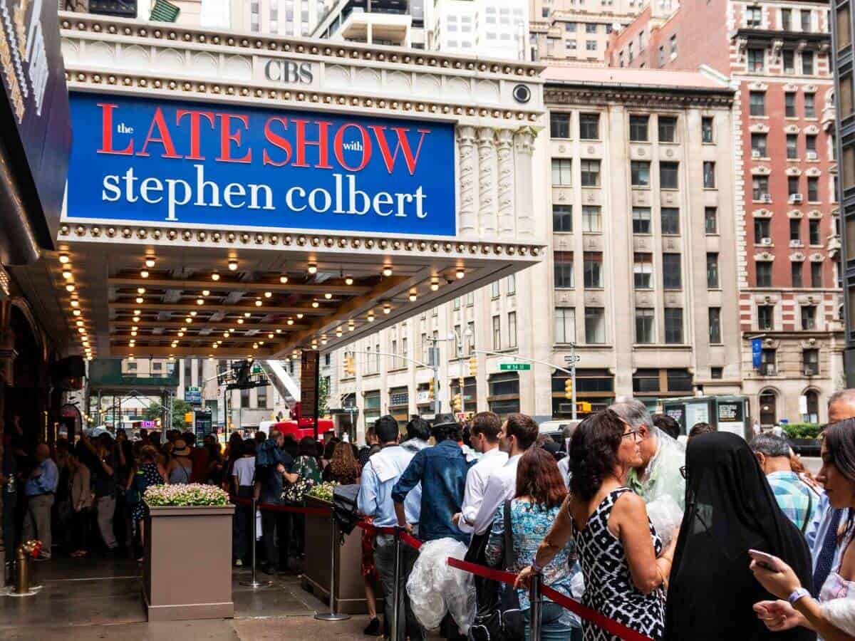Long line waiting to get in to Late Show in New York City.