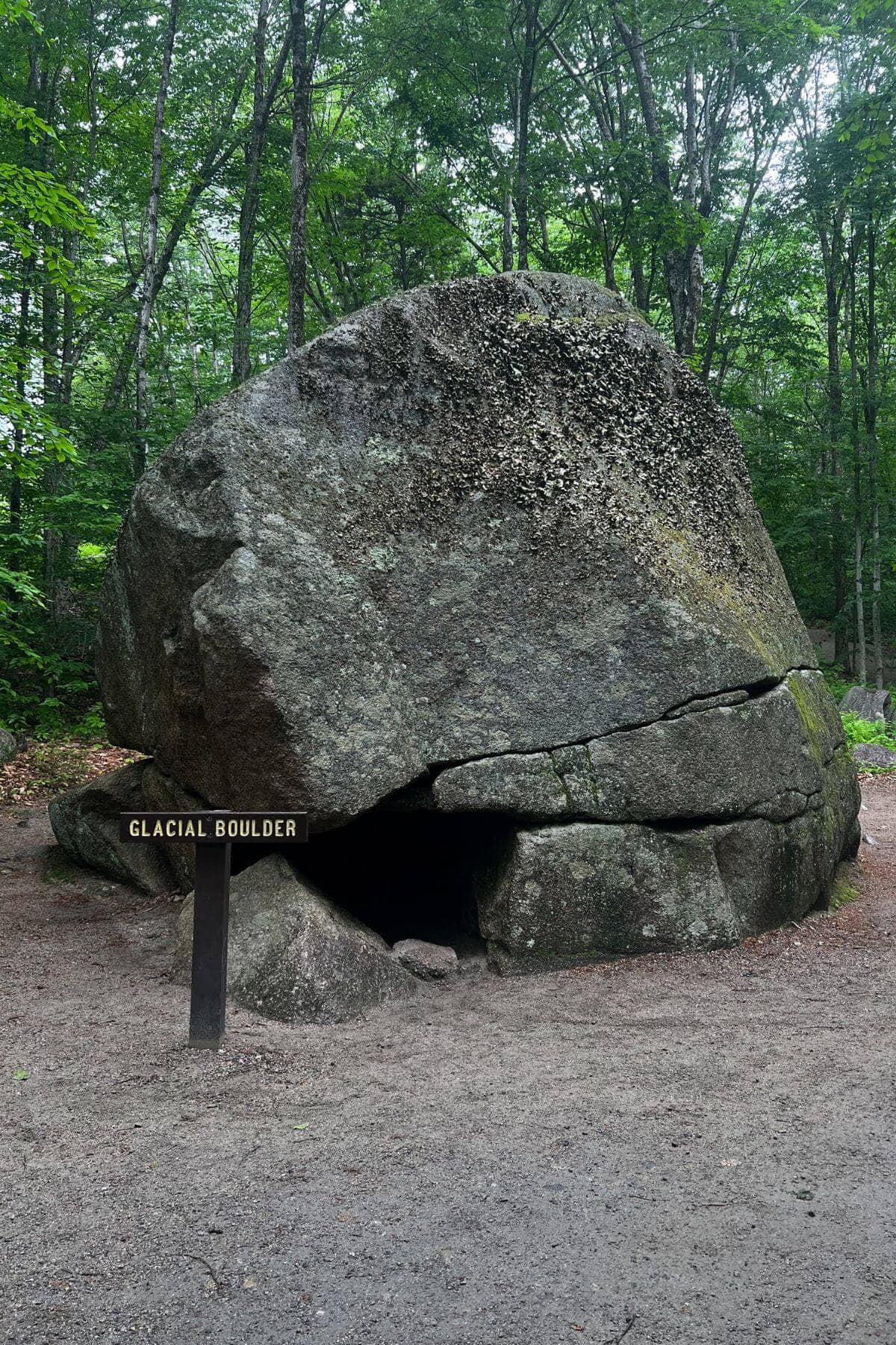 A large rock sits in the middle of a wooded area.