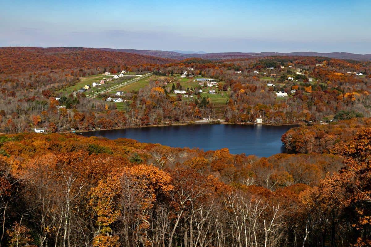 A view of a lake surrounded by trees in the fall.