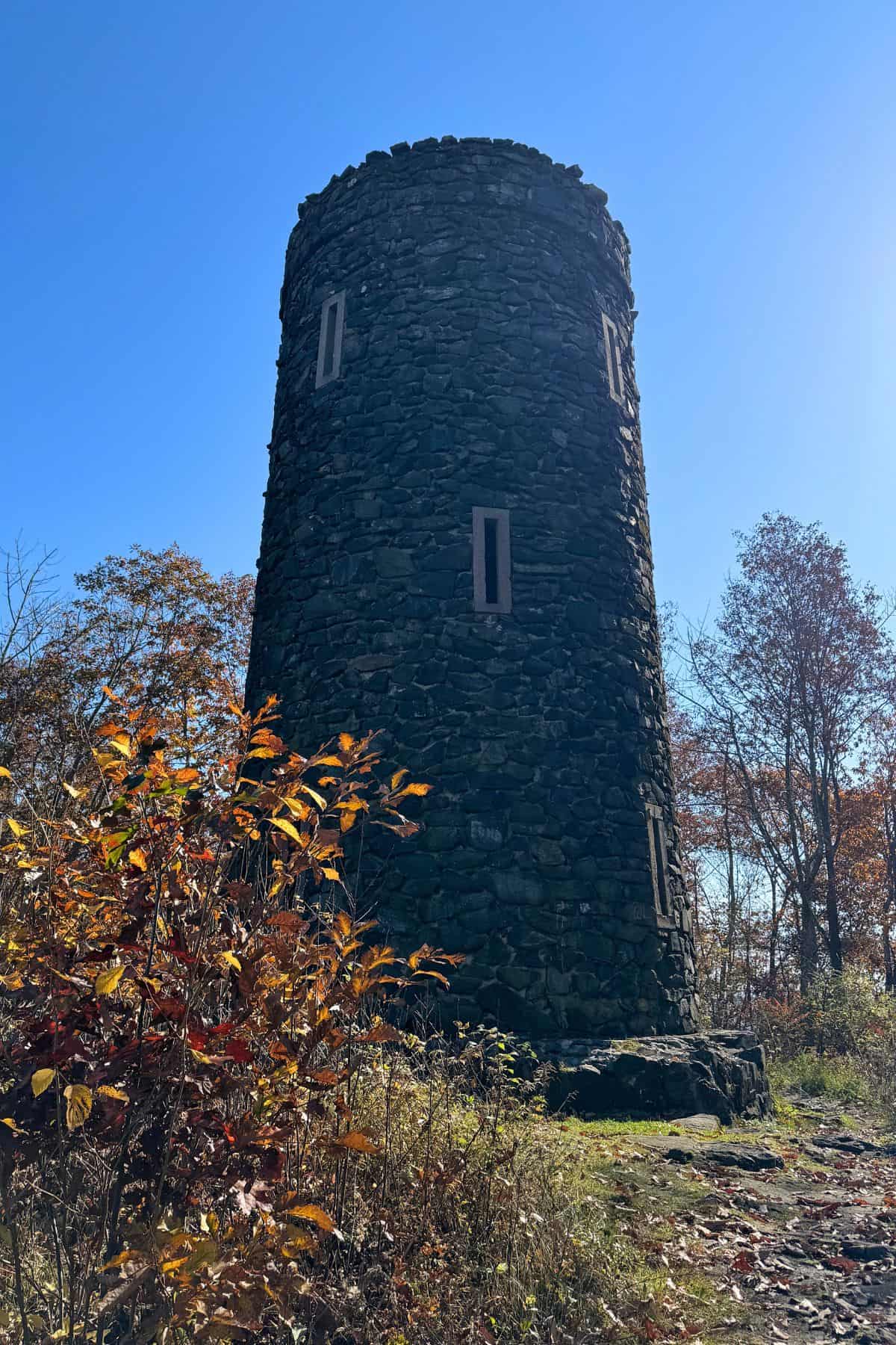 A stone tower sits in the middle of a wooded area.