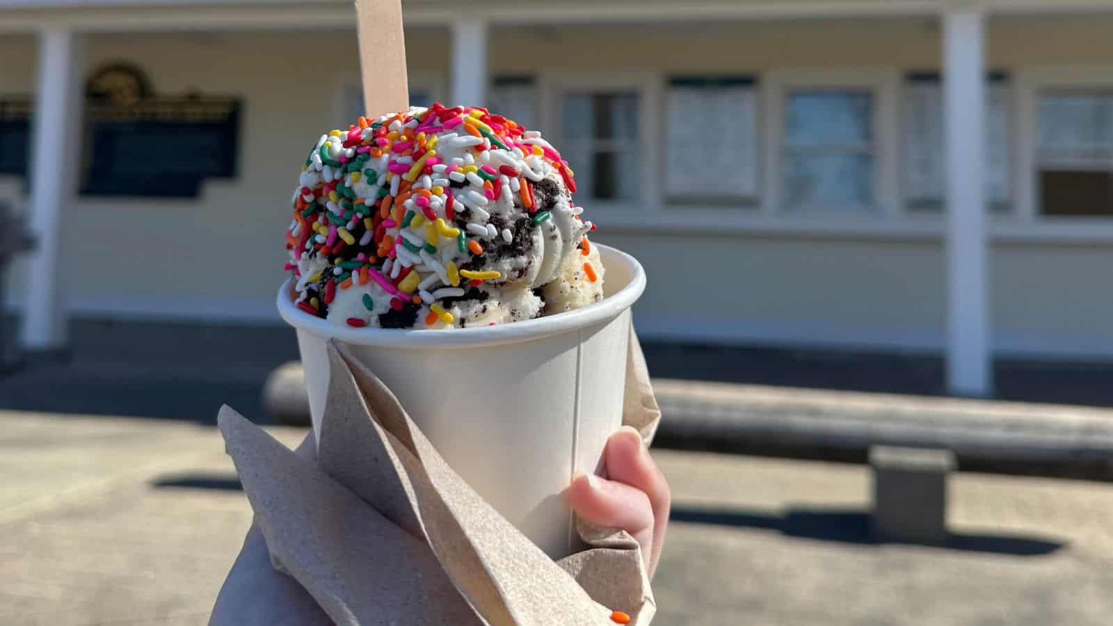 A hand holds a cup of ice cream topped with colorful sprinkles, placed in a white paper cup with a wooden spoon. A building with windows is blurred in the background.