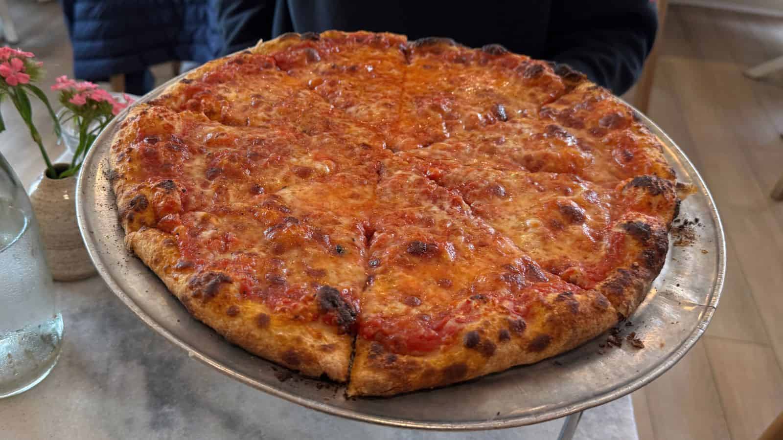 A whole cheese pizza with a crispy, browned crust is served on a metal tray atop a table in Westerly, Rhode Island, with a vase of pink flowers and a bottle of water nearby.