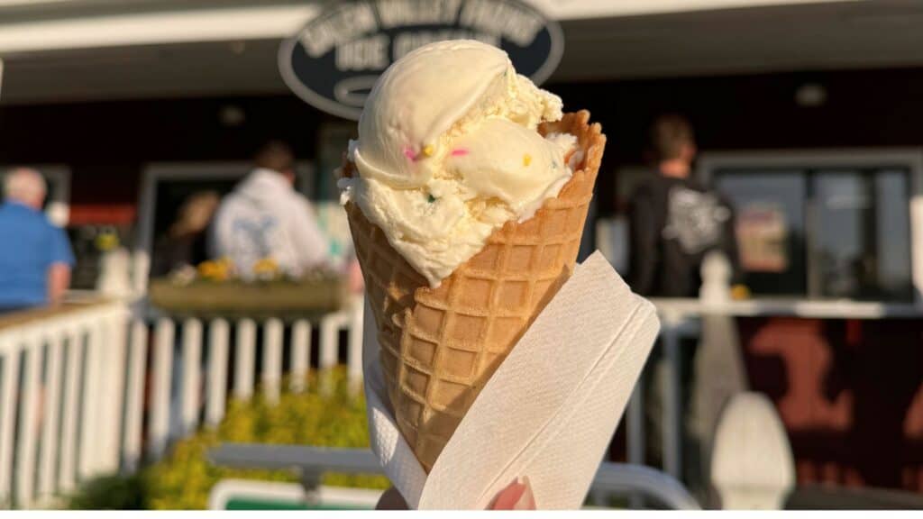 Close-up of a hand holding a waffle cone with vanilla ice cream and sprinkles in front of an ice cream shop, with people in line in the background.