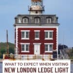 The New London Ledge Light is a striking red and white lighthouse building sitting on the water, topped with a lantern room and clearly labeled "New London Ledge Light.