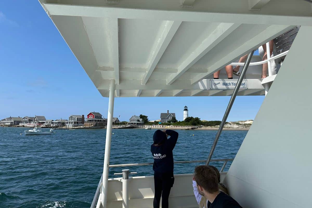 People stand and sit on a boat as it approaches a coastline with houses and a lighthouse visible in the background under a clear sky.