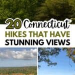 Collage featuring scenic views of forests and rivers in Connecticut, with text reading "20 Connecticut Hikes With Views That Have Stunning Scenery.