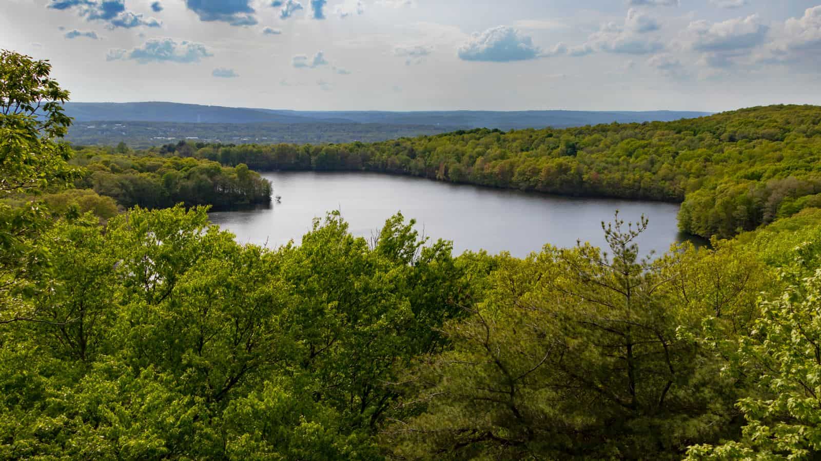 A lake surrounded by dense green forest with distant hills and a partly cloudy sky in the background.