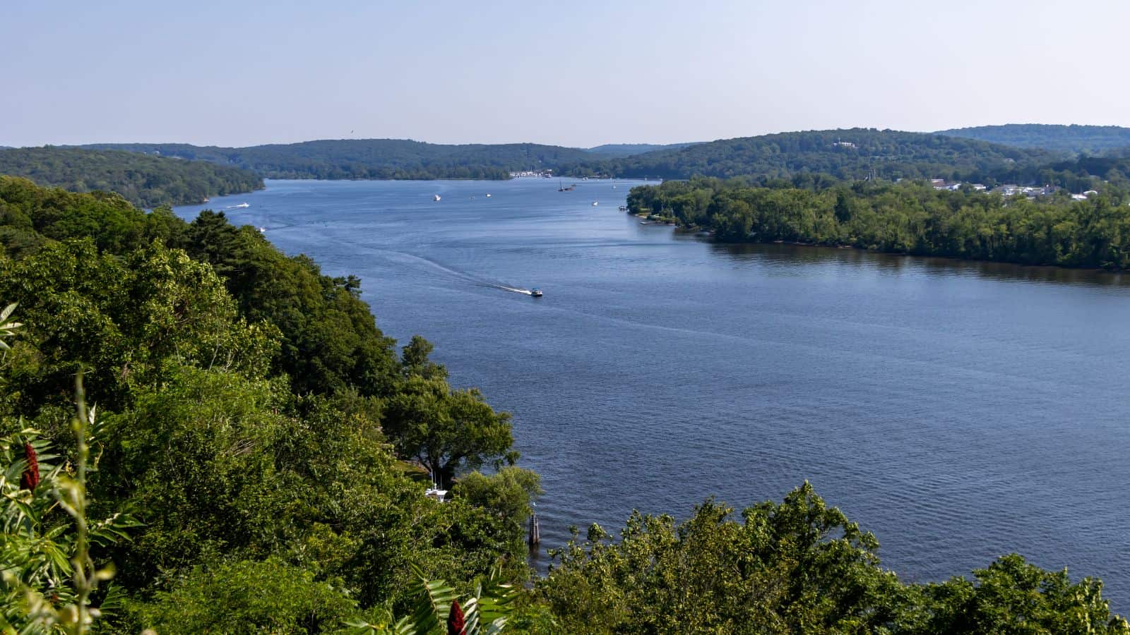 A wide river bordered by dense green trees with small boats visible on the water under a clear sky.