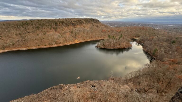 Aerial view of a lake surrounded by bare trees and hills under a mostly cloudy sky, with a small wooded island near the center of the lake.