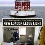 A red lighthouse stands alone in the water; below, a room displays maritime artifacts and a mannequin in uniform, illustrating the historic interior of the New London Ledge Light.