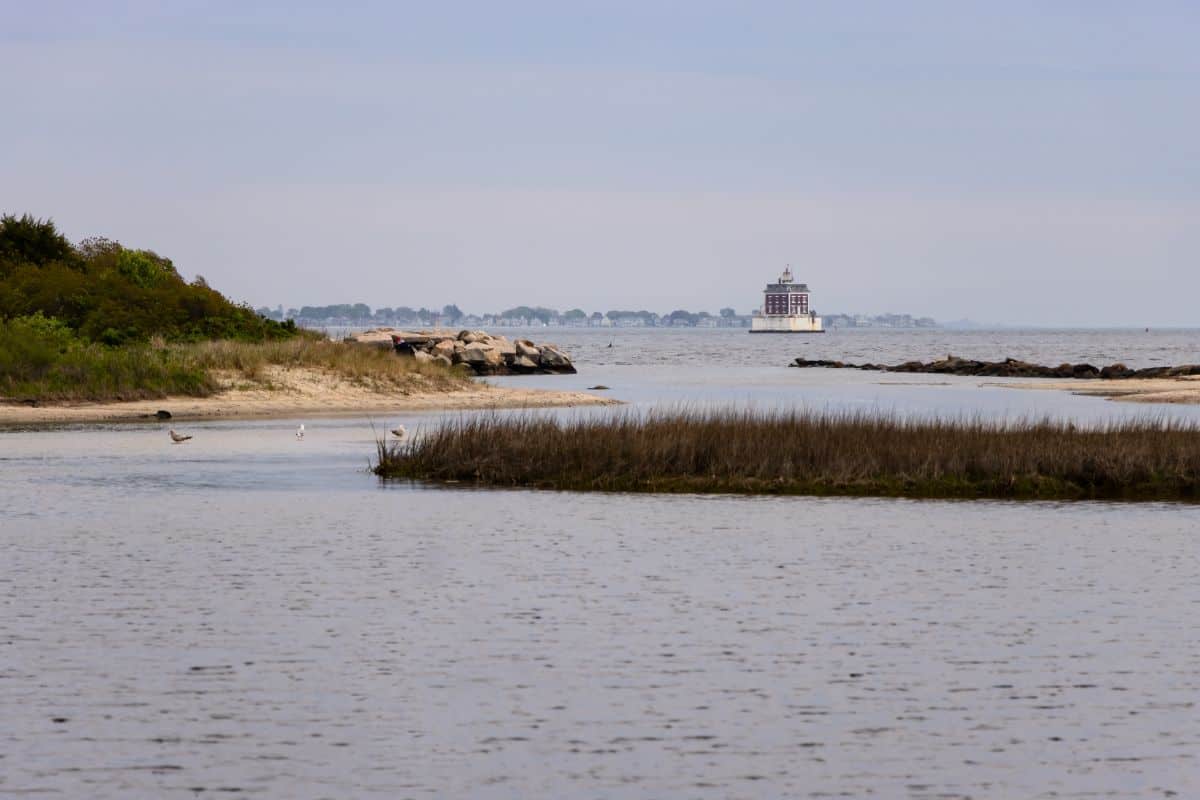 A coastal scene with calm water, grassy sandbars, distant shoreline, and a lighthouse on the horizon under a cloudy sky.