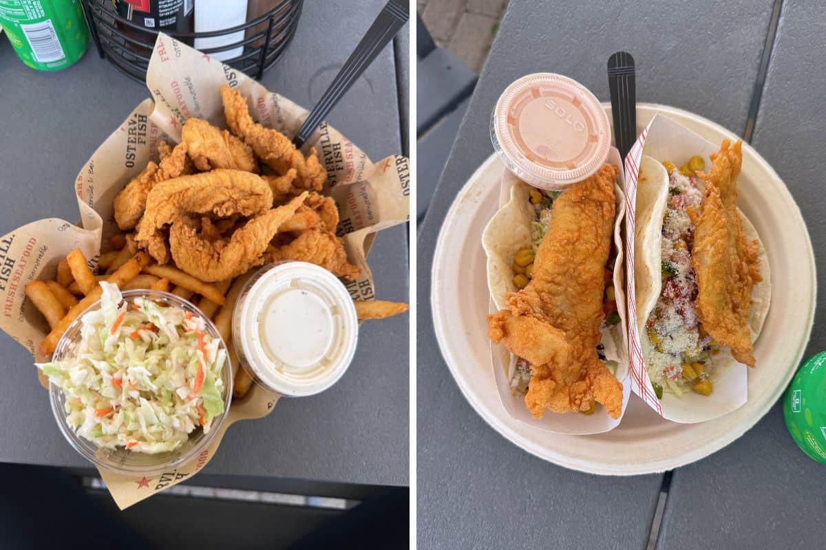 Two plates of food: left plate has fried fish strips, French fries, coleslaw, and dipping sauce; right plate has two fish tacos topped with sauce and slaw.