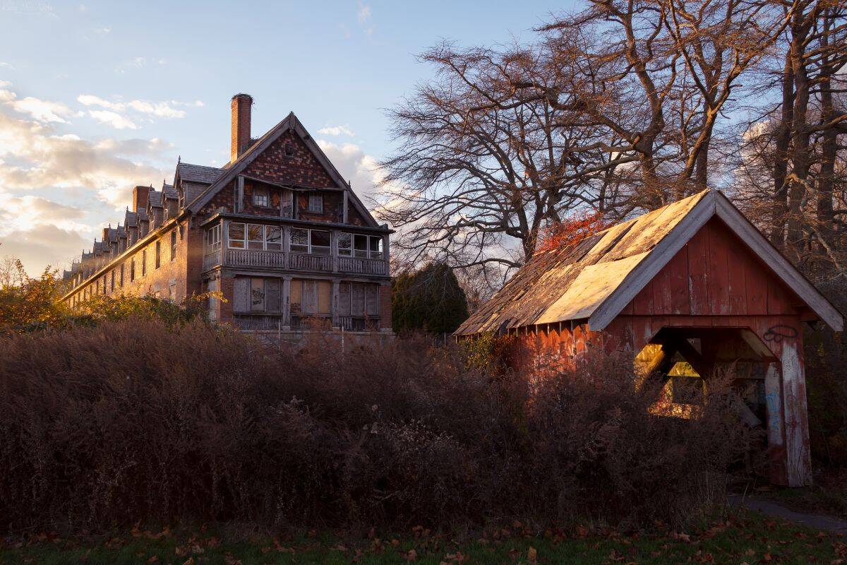 A large, abandoned building with boarded-up windows stands behind an overgrown yard and a small, weathered red shed; leafless trees surround the area.