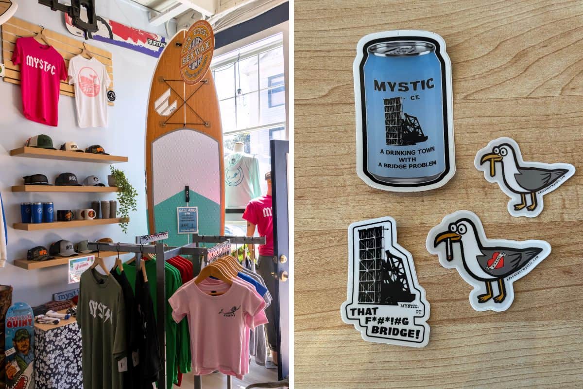 A clothing store displays shirts, hats, and a standing surfboard; beside it, stickers of seagulls and a blue can labeled "Mystic" are shown on a wooden surface.