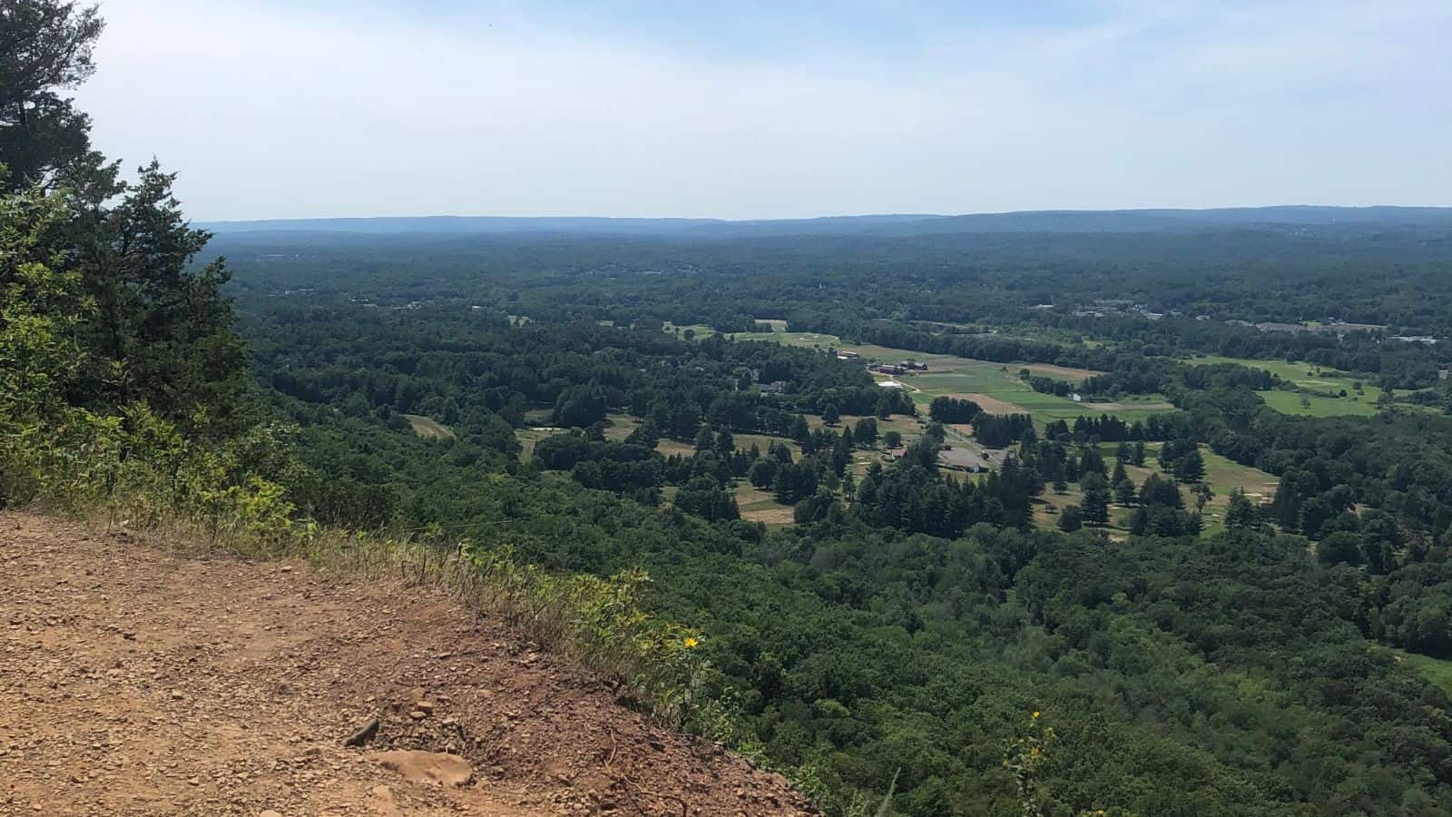 View from a rocky ledge overlooking a vast landscape of green trees, fields, and distant hills under a clear sky.