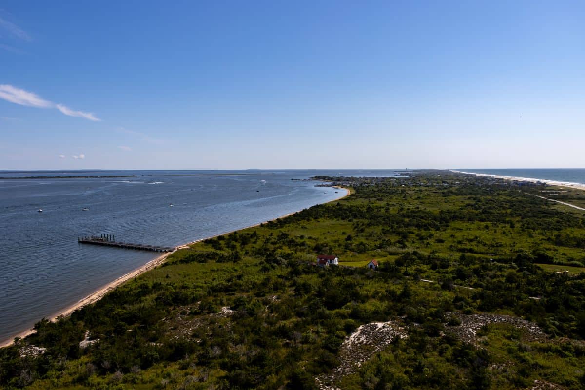 Aerial view of a coastline with green vegetation, a sandy beach, a wooden pier, and calm blue water under a clear sky.