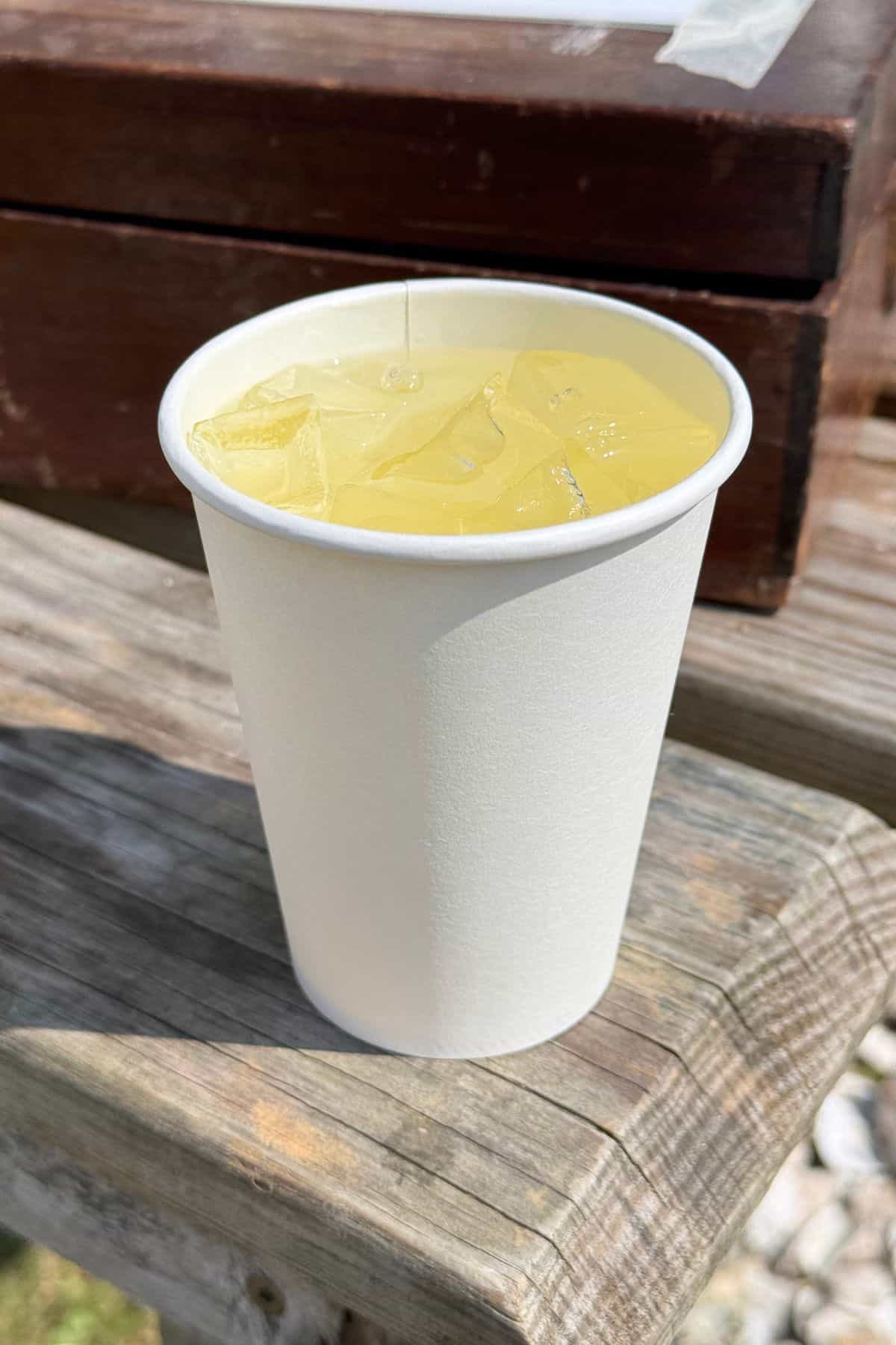 A white paper cup filled with a yellow iced beverage sits on a wooden surface outdoors, evoking the laid-back charm of Monhegan Island.
