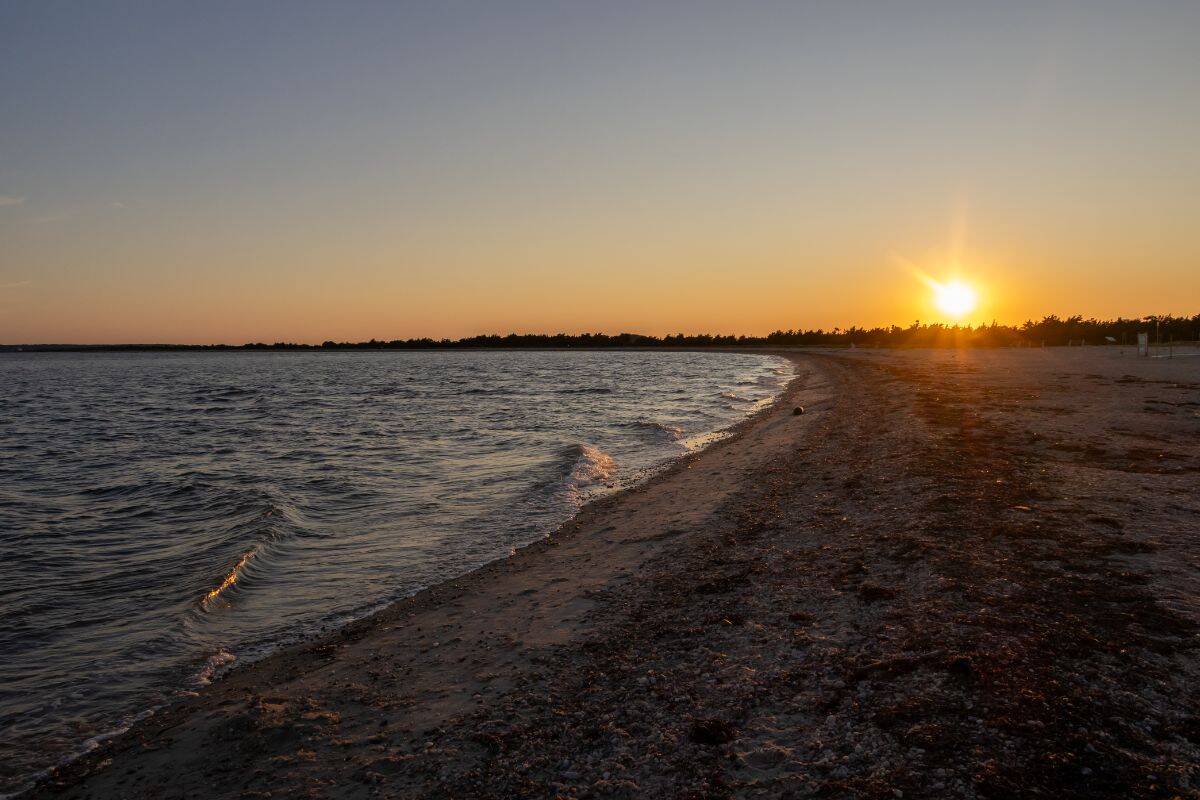 The sun sets over a calm sea with gentle waves lapping against a sandy, seaweed-strewn shoreline.
