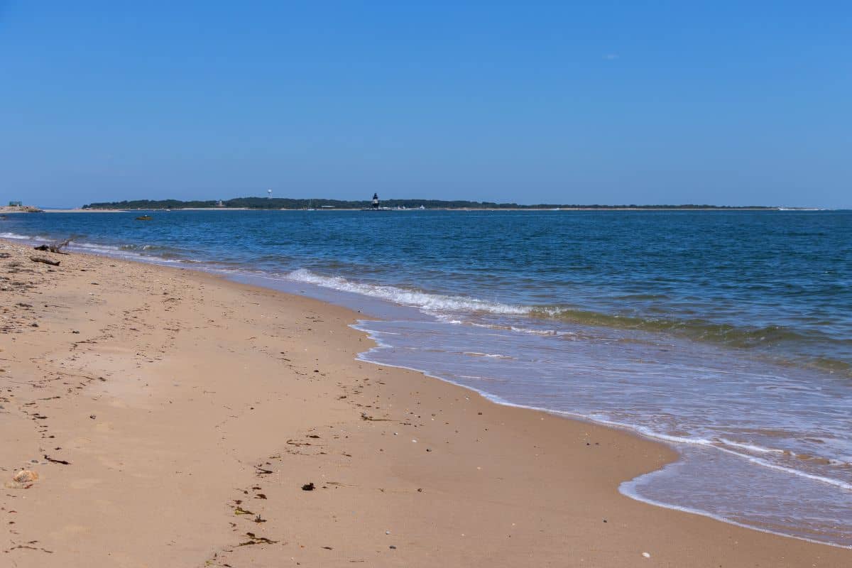 A sandy beach with gentle waves washing ashore under a clear blue sky; distant land and a small lighthouse are visible on the horizon.