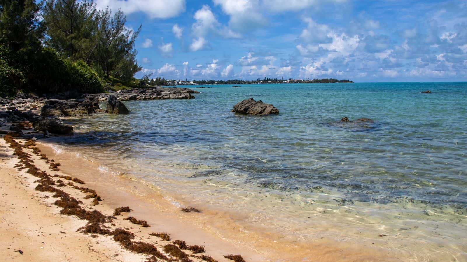 A sandy beach with scattered seaweed, clear turquoise water, rocky outcrops, and trees along the shoreline under a partly cloudy sky.