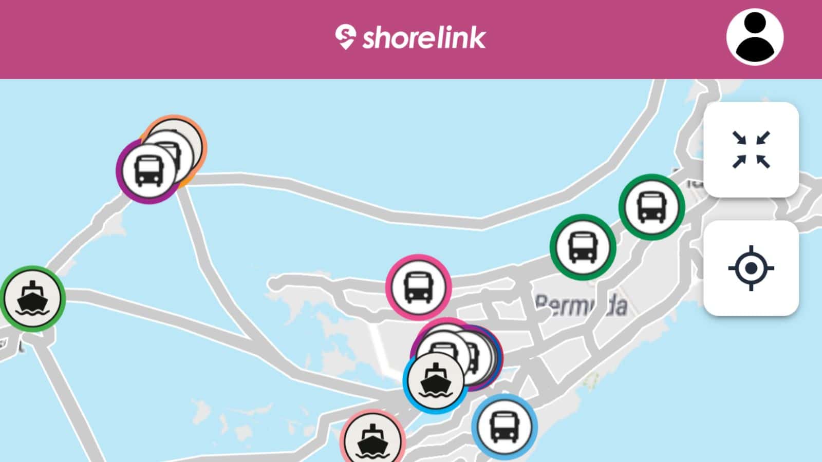Map interface of Shorelink app showing bus and ferry icons at various locations on a coastal area, with a navigation menu on the right side.