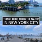 Two waterfront scenes in New York City: the first shows a pier with greenery and the skyline in the background, the second shows a boardwalk with benches and city buildings across the water.