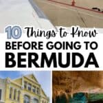 Collage showing airplanes at a Bermuda airport, a yellow colonial building, and a boat inside a cave, with text: "10 Things to Know Before Going to Bermuda.