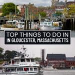 A whale watching boat is docked in Gloucester Harbor with historic buildings in the background; text reads "Top Things To Do in Gloucester MA.