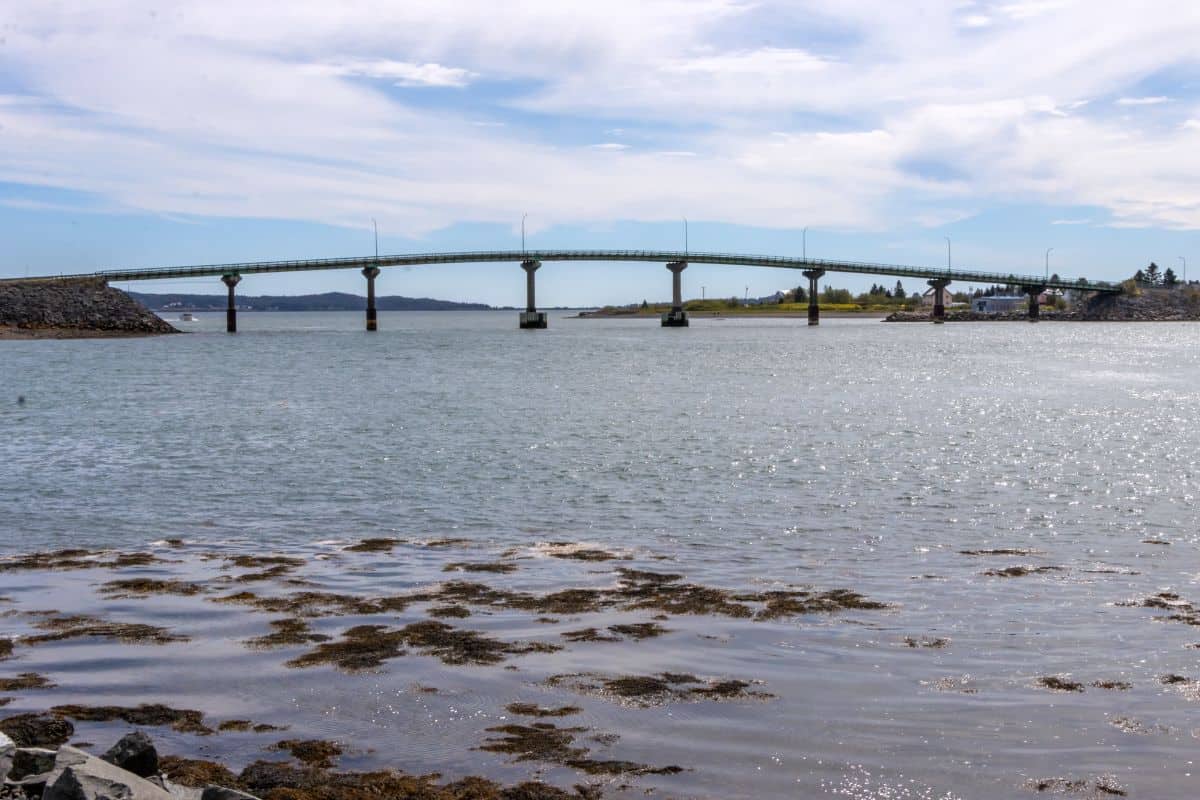 A long, low bridge spans a wide body of water under a partly cloudy sky, with rocks and seaweed along the shoreline in the foreground.