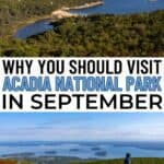 Aerial views of Acadia National Park’s rugged coastline and a hiker on a rocky summit, with text highlighting the beauty of Acadia National Park in September.