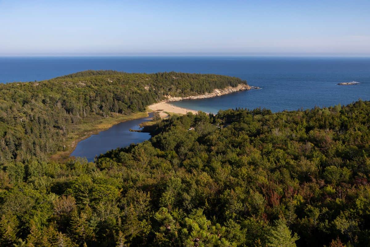 Aerial view of a forested coastline with a sandy beach, calm blue water, and a wooded peninsula extending into the ocean under a clear sky.