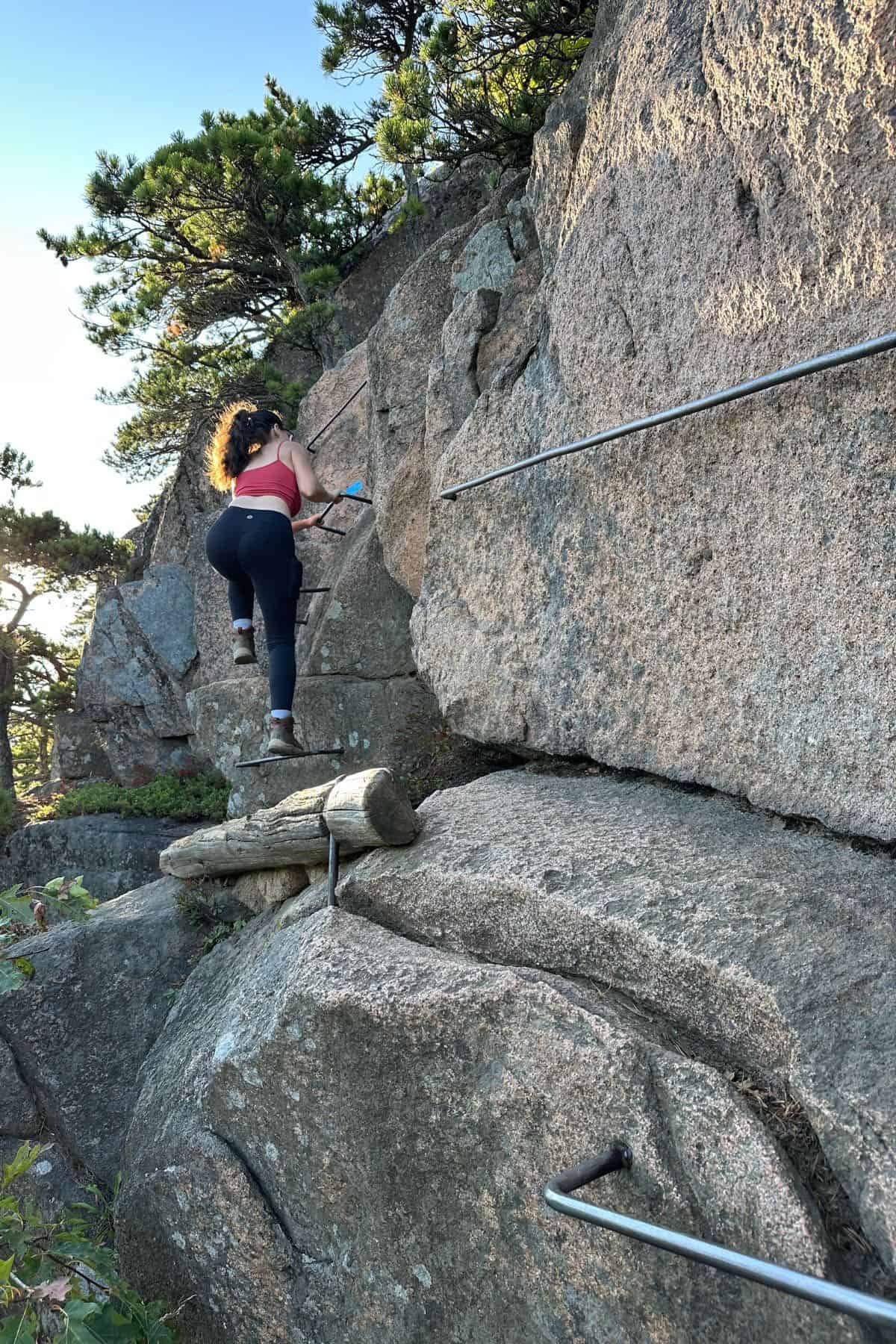 A person climbs a rocky trail using iron rungs and rails embedded in the stone, with trees visible at the top.