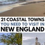 A beach with waves, a tree by the waterfront, and boats docked near historic buildings highlight coastal towns to visit in New England.