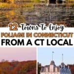 Scenic autumn views in Connecticut featuring a rustic barn by a lake, vibrant fall foliage in Connecticut, lakeside houses, and a historic white building. Text promotes top foliage towns from a CT local.