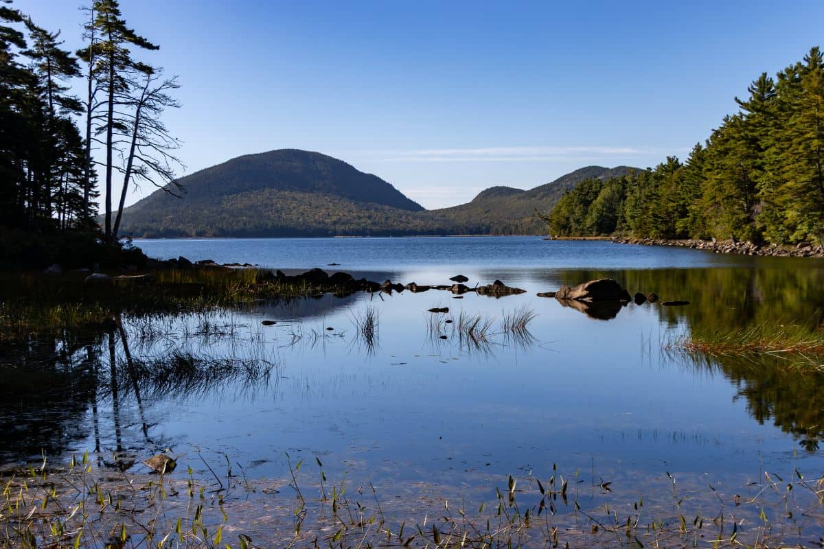 A calm lake with scattered rocks, surrounded by trees and distant forested hills under a clear blue sky.