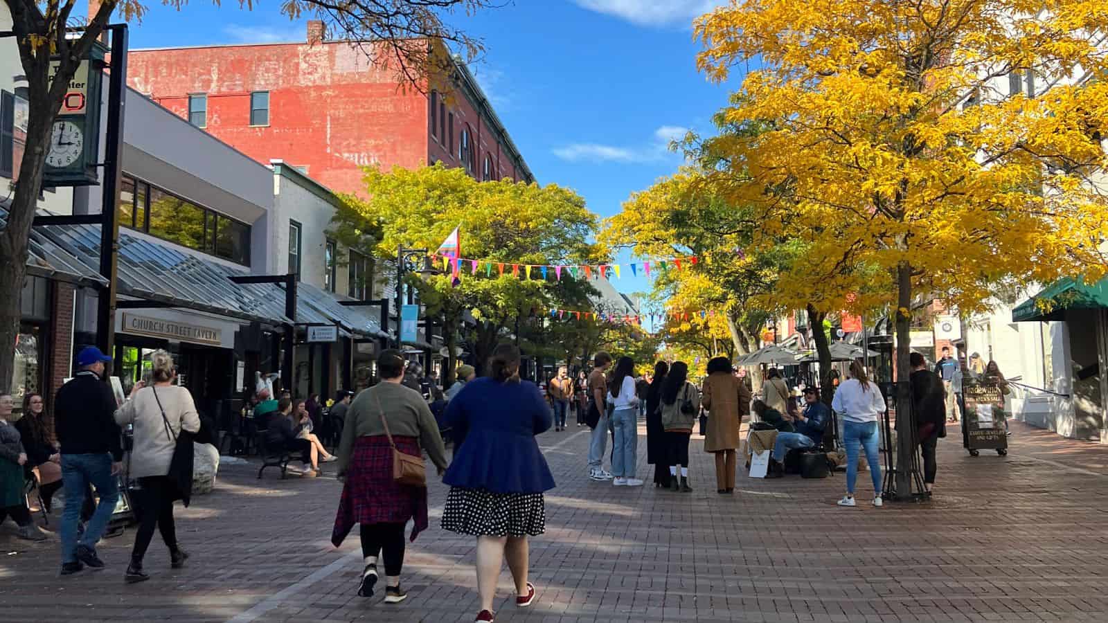 People walk along a busy pedestrian street lined with shops and trees with yellow leaves. Colorful flags hang overhead and groups of people are sitting at outdoor tables.