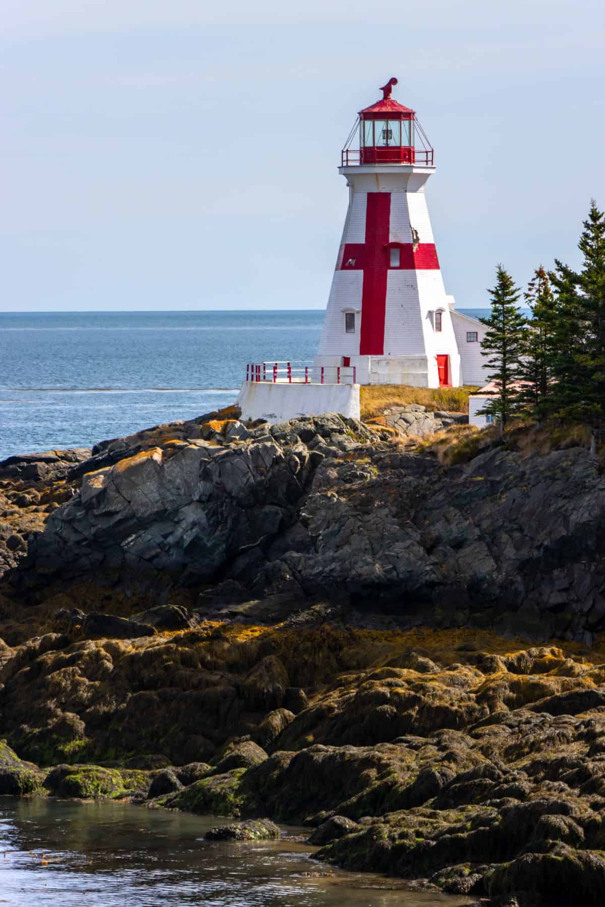 A white lighthouse with red accents stands on a rocky coastline beside the ocean, surrounded by evergreen trees near Lubec and Campobello Island.