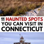 Top image: An old, weathered building—reminiscent of haunted places in Connecticut—with a central spire and overgrown grass. Bottom image: A red lighthouse-style building on water, surrounded by a metal platform.