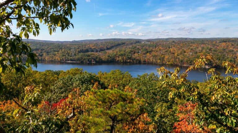 A river runs through a forested landscape with trees displaying autumn colors under a partly cloudy sky.