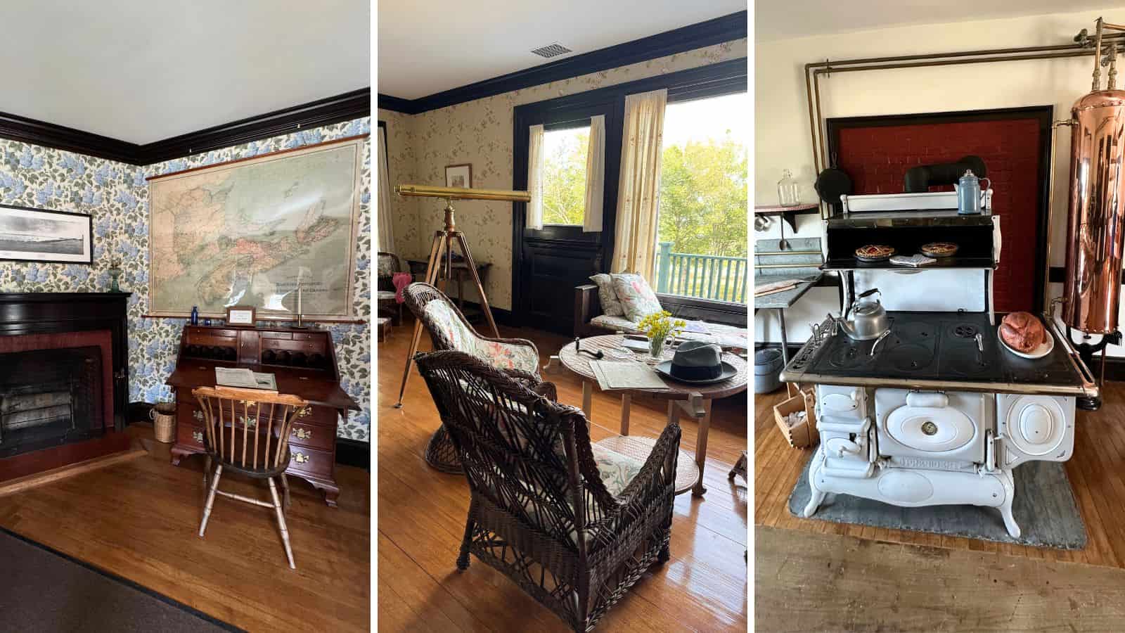 Three interior views: a study with a desk and fireplace, a sitting room with wicker chairs and large windows overlooking Lubec, and a vintage kitchen with a white stove and copper cookware reminiscent of Campobello Island charm.